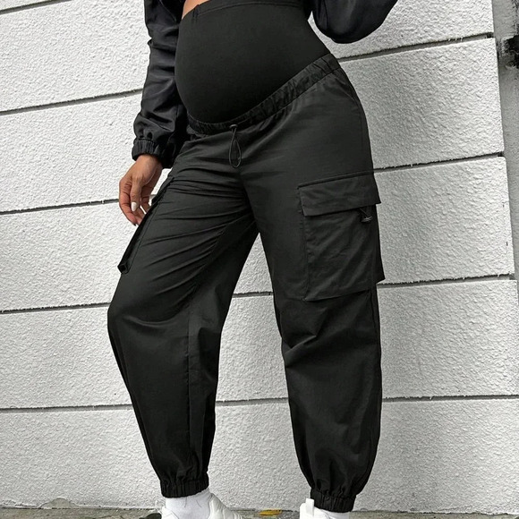Black Casual Womens Maternity Flap Pocket Side Adjustable Waist Cargo Pants - Picture 5 of 6